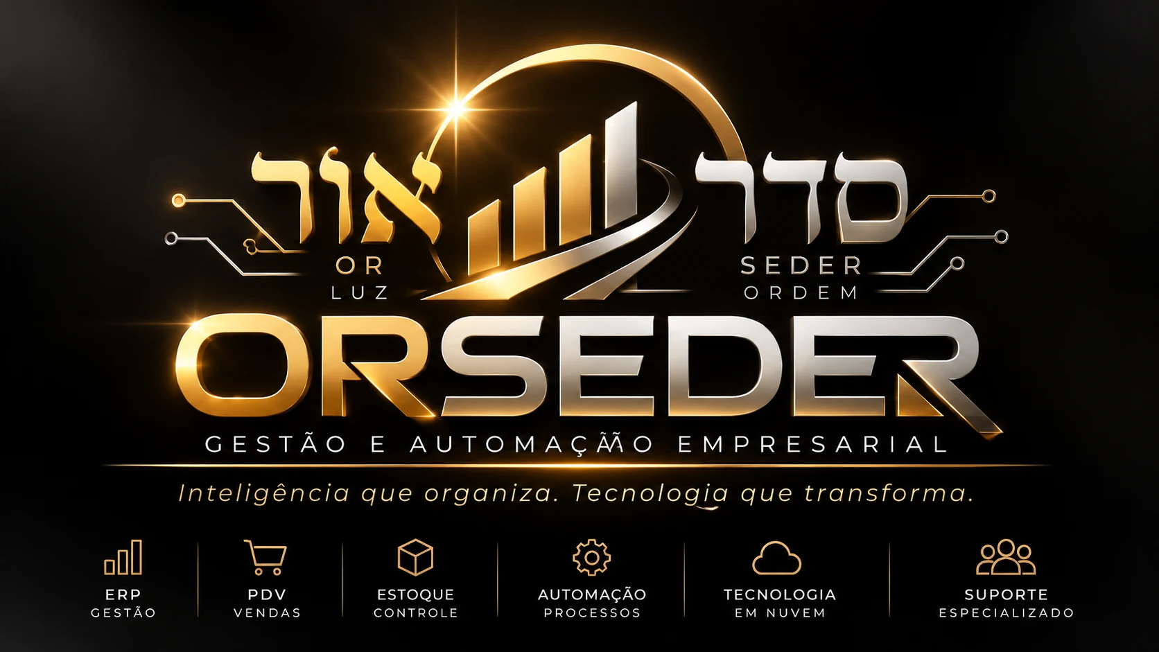 Logotipo oficial ORSEDER: símbolos hebraicos de luz e ordem, crescimento tecnológico e soluções empresariais